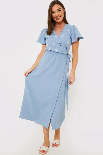 Floral Embroidered Wrap Midi Dress